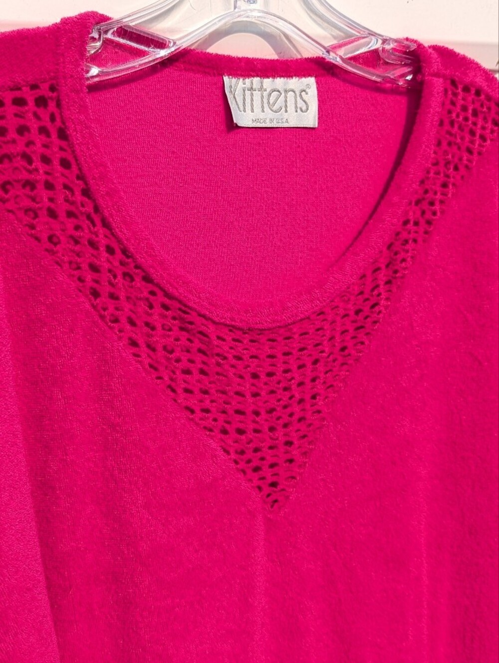 Vintage Hot Pink Terry Cloth Crochet Mesh Lounge Dress Swim Cover Up 80s Kittens